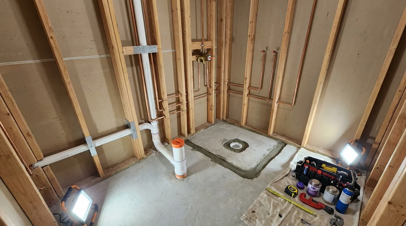 Bathroom rough-in plumbing during remodel by Johns Plumbing LLC in Fort Branch