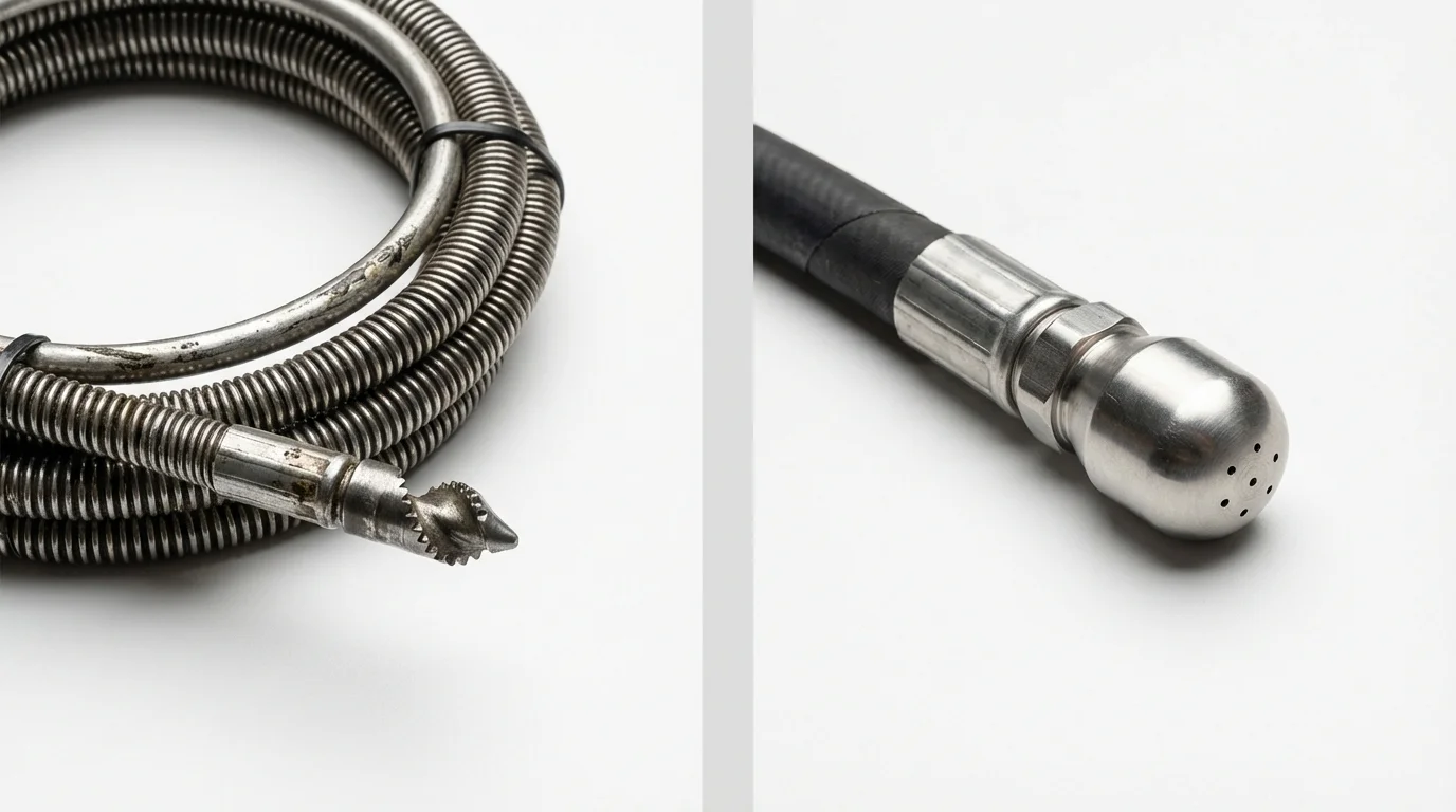 Drain snake cable and hydro jetting nozzle used for drain cleaning in Fort Branch, IN