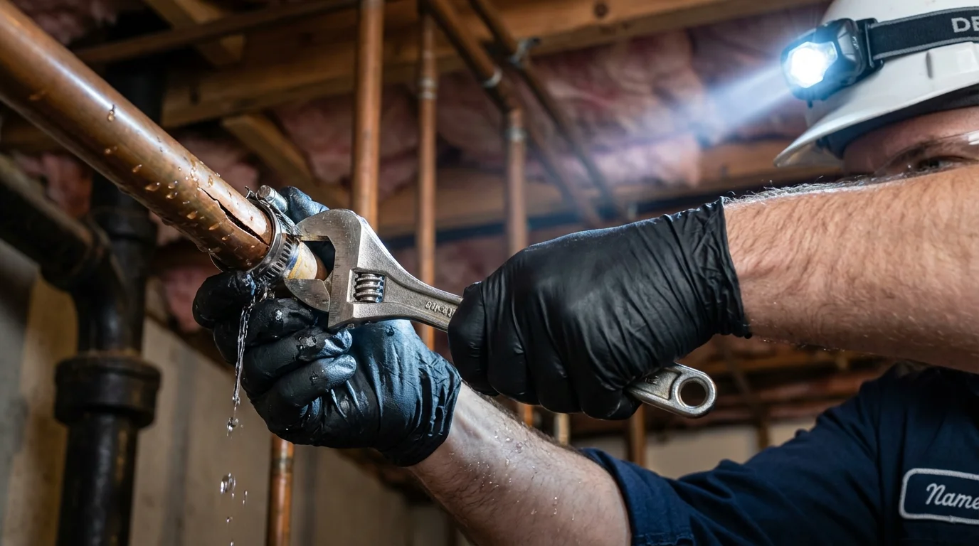 Emergency pipe clamp repair being performed by a Johns Plumbing LLC plumber in Fort Branch