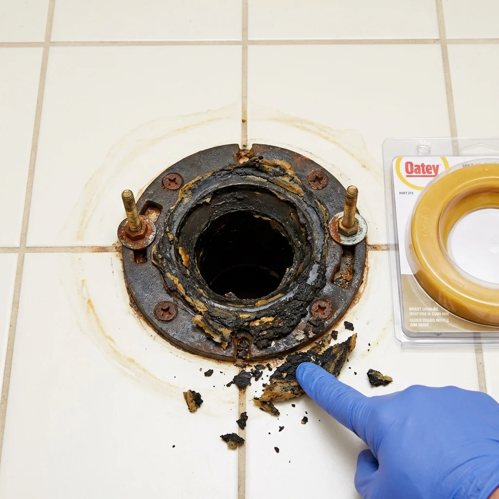 Failed wax ring showing water seepage at the base of a toilet in a Fort Branch, IN home