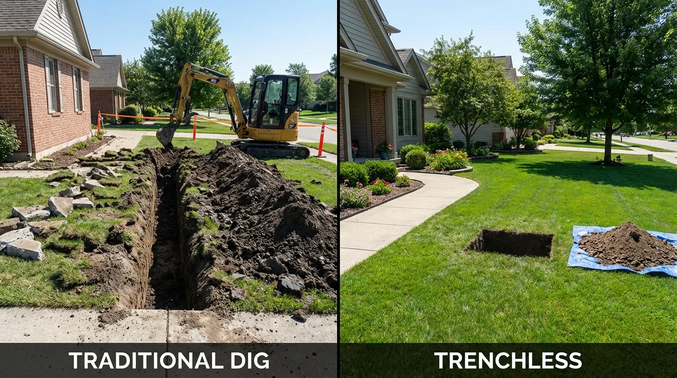 Trenchless sewer repair with minimal yard damage versus traditional excavation in Fort Branch, IN