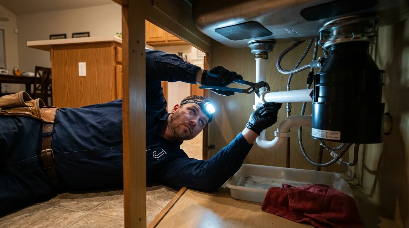 P-trap and supply line connections under a kitchen sink showing a common leak point in Fort Branch, IN